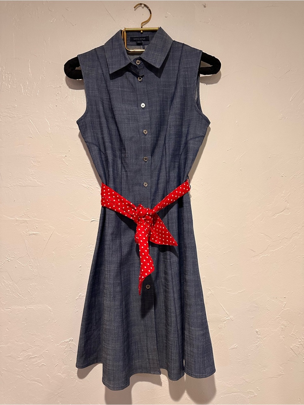 Tommy Hilfiger Sleeveless Chambray Shirt Dress with Red Polka Dot Belt